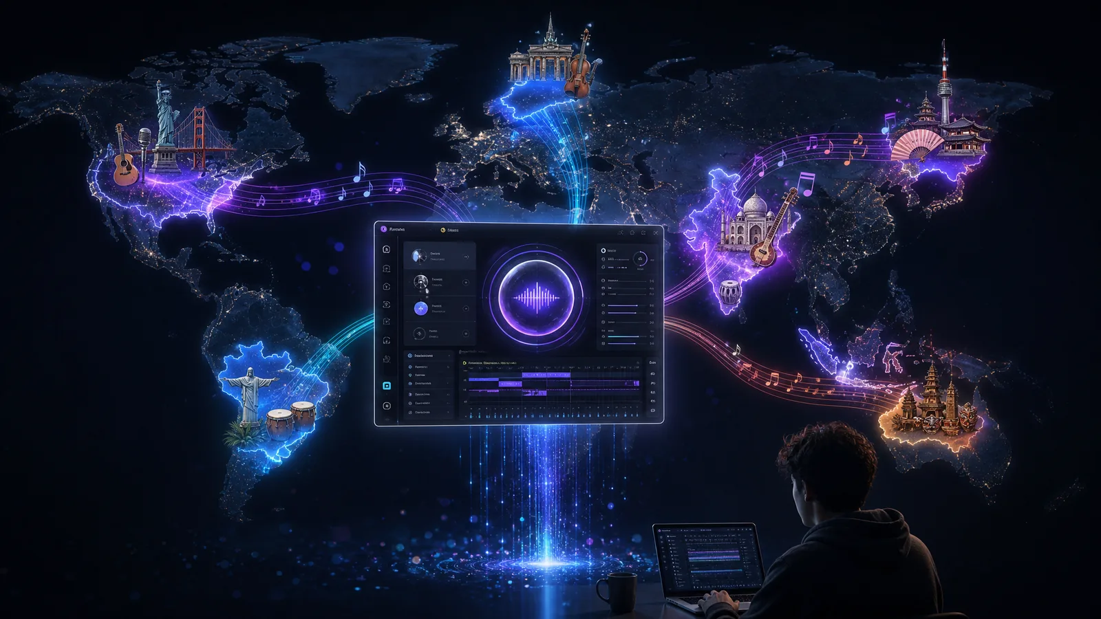 A creator at a laptop conjuring a holographic music studio over a glowing world map, with cultural instruments and landmarks lighting up across continents — the countries using AI music the most in 2026